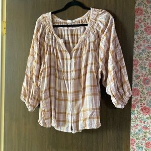 Gap XXL brown white purple plaid 3/4 sleeve blouse